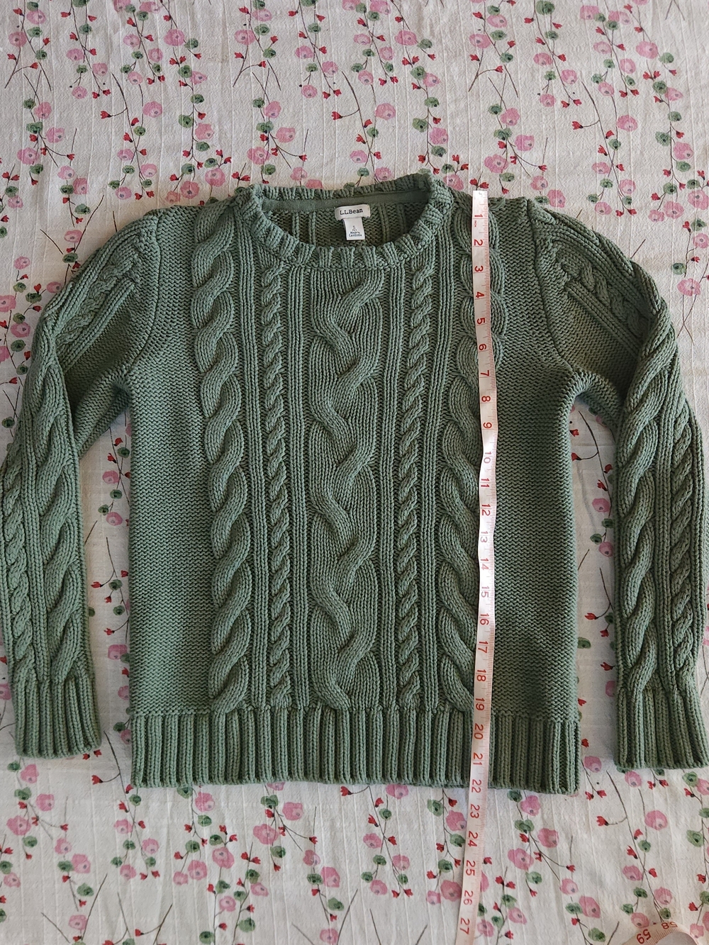 L.L. Bean Double L Cable Crewneck Sweater Sage Green Bay Leaf Cotton Size Small - Picture 11 of 12